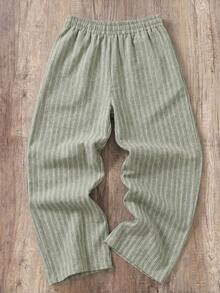 Manfinity Joysei Men's Casual Vacation & Commute Striped Print Drawstring Waist Loose Wide Leg Pants - Green - View 3