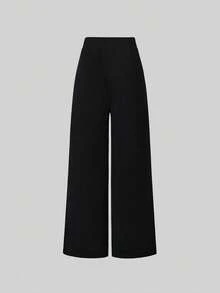 SHEIN Clasi 女士长裤，夏季办公穿着，装饰金属扣，休闲风格，直筒裤型，优雅简约 - 黑色 - 查看 2