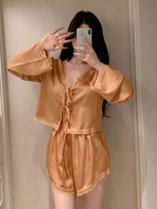 DAZY Romantic Lace Patchwork Satin Lace-Up Top & Ultra Short Shorts 2pcs Women's Pajama Set - Orange - View 6