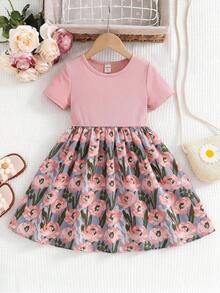 Emery Rose Kids Emery Rose Kids 少女可愛粉色度假針織拼接花卉圖案短袖洋裝 - 粉色 - 查看 4