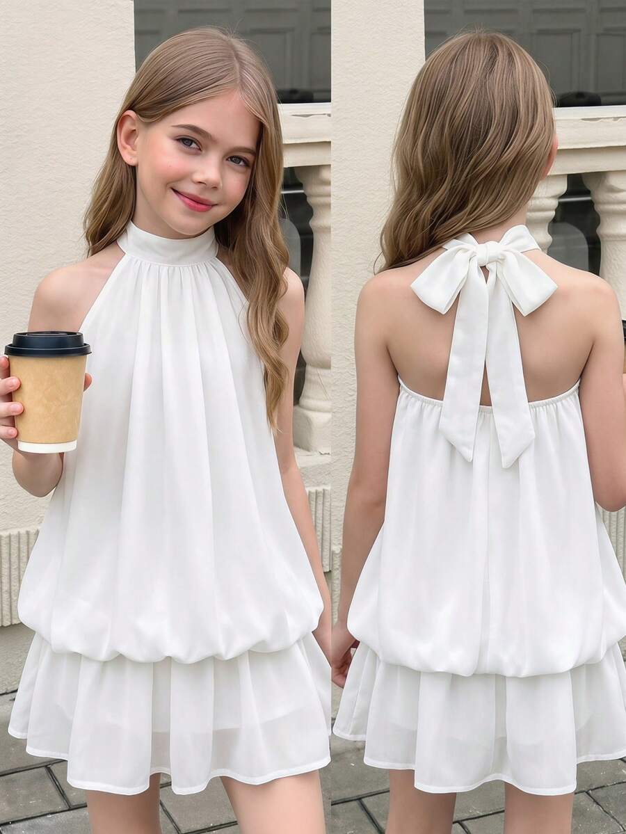 SHEIN Váy yếm hoa hồng cho bé gái tuổi teen, phong cách công chúa, đa năng cho các dịp trang trọng, đi nghỉ, đi chơi thường ngày, phù hợp cho mọi dịp, bộ đồ chị em/gia đình, trang phục bé gái dễ thương - Hồng - Xem 1