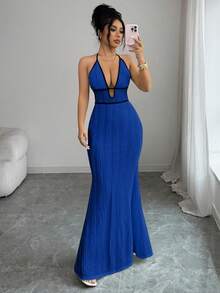 Rafferiza Gaun Bodycon Wanita Musim Semi/Panas yang Menawan, Seksi, Cocok untuk Liburan, Kencan, dan Acara Lainnya. Gaun Bodycon Rajut Bertekstur Pas Badan dengan Tali Bahu Tipis dan Trim Kontras Hitam. - Biru - View 3