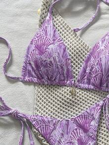 Swim Vcay Springbreak Women's Shell Print Halter Neck Bikini Two-Piece Swimsuit - Purple - View 3