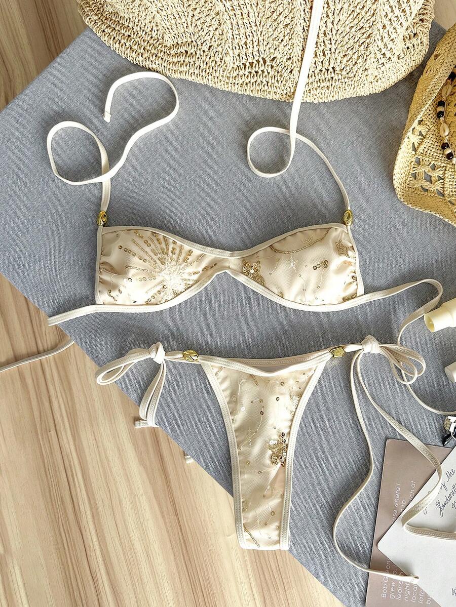 Swim Mod 2pcs Spring/Summer Beach Vacation Sequin Textured Fabric Gold Bead Decor Halter Bandeau Top & Side Tie String Thong Bikini Set - Multicolor - View 1