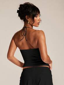 SHEIN BAE Women's Solid Color Minimalist Casual Sexy Halter Neck Tank Top Going Out Black Summer - Black - View 2
