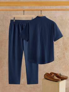 HIMLAND Men's Solid Color Short Sleeve Shirt And Long Pants Set - Navy Blue - View 3
