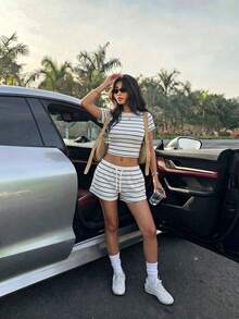 Muchica 女款休閒T恤短褲套裝，條紋套裝，女款街頭風，適合日常通勤、約會、派對、秋冬春夏、聖誕節、新年、感恩節、派對、婚禮、海灘、畢業、時尚、優雅、休閒、外出、約會、約會、通勤 - 彩色 - 查看 4