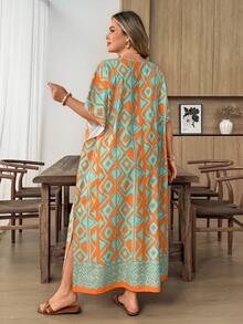 SHEIN CURVE+ Plus Size Women's Geometric Print Batwing Sleeve Dress - Multicolor - View 2