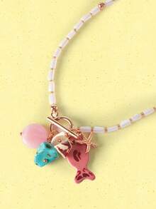 Popjeli 1 Piece, Summer Beach Ocean Vacation Wind Glazed Chain Fruit Cherry Small Fish Coral Starfish Lemon Mushroom Rough Stone Pendant Women's Necklace,Y2K/Cute/Colorful/Chic,DIY,PINK,Summer/Beach/Prom/Part/Vacation/Travel,For Mom/Women/Girl/Mother,Heart,Floral - Multicolor - View 12