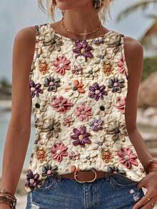 EMERY ROSE Casual Minimalist Colorful Floral Pattern Women Tank Top, Suitable For Summer Vacation,Casual - Multicolor - View 1