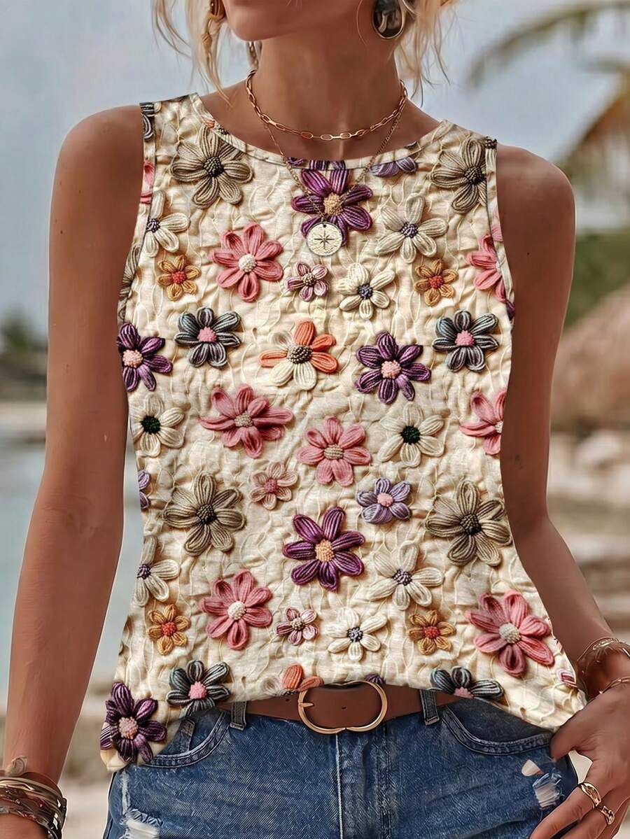 EMERY ROSE Casual Minimalist Colorful Floral Pattern Women Tank Top, Suitable For Summer Vacation,Casual - Multicolor - View 1