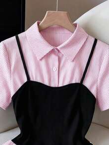 GlowEve Camisa de moda 2 en 1 para mujer con rayas de contraste, manga corta, volantes y botones delanteros, adecuada para vacaciones de primavera/verano, uso casual diario y versátil - Rosa Fucsia - Ver 6