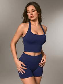 SHEIN Sports 女士纯色方领无袖时尚方领修身瑜伽高腰运动服套装 - 藏蓝色 - 查看 8