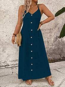 Linhara CURVE Vestido casual de vacaciones con tirantes de camisola de unicolor talla grande - Azul Cadete - Ver 5