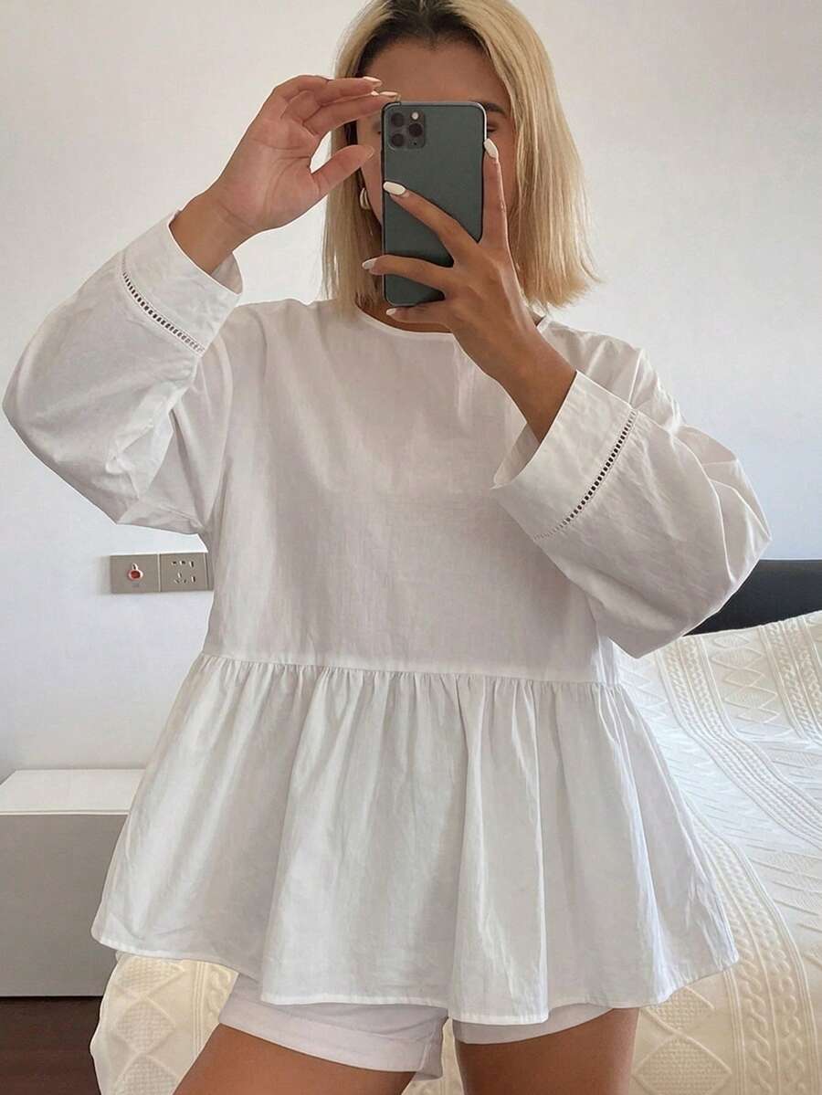 DAZY 女款圓領蝴蝶結寬鬆版型夏季襯衫 - 白色 - 查看 1
