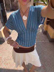 Aloruh Women's Summer Casual Striped Ruched Waist T-Shirt - White - View 6