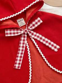 SHEIN 新生女嬰可愛紅色拼接格紋連帽披肩 - 紅色 - 查看 5