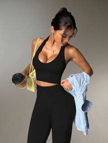 SHEIN Sports 女式纯色短款露背背心和高腰紧身裤运动套装 - 黑色 - 查看 7