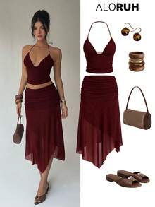 Aloruh Elegant semesterset för kvinnor i texturerad jacquard, bohemisk stil med bodycon-kjol i mesh och matchande camisole-topp - Bourgogne - Visa 8