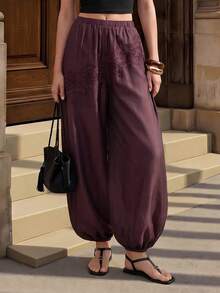 Ciel Poise Pants Loose Lantern Satin Textured Elastic High Waist Lace Cuffed Elegant Exotic Casual Burgundy Lace Patchwork Pleated Solid Women's Pants Vacation - Burgundy - View 5