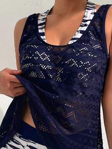 Swim Lushoire 女款海灘度假套裝，適用假期與新年，深V椰子樹印花比基尼套裝，附針織鏤空罩衫與細肩帶背心，3件組，海軍藍配白色 - 彩色 - 查看 3