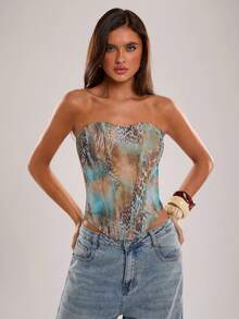 SHEIN BAE Top de corsé con ballenas y estampado animal tipo bandeau casual para mujer, primavera/verano, adecuado para vacaciones, vacaciones en la playa, vacaciones casuales con hermanas, corsé con estampado animal, corsé de malla con ballenas y estampado animal, ropa casual, ropa casual para vacaciones - Azul - Ver 4