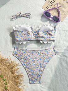Swim Mod 女款泳衣，青少年女孩，切割邊緣，花瓣邊緣抹胸，甜美可愛，碎花，紋理羅紋面料 - 彩色 - 查看 2