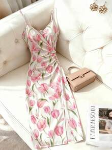 Formidée Plus Size Spaghetti Strap Wrap Elegant Woven Summer Dress - Pink - View 3