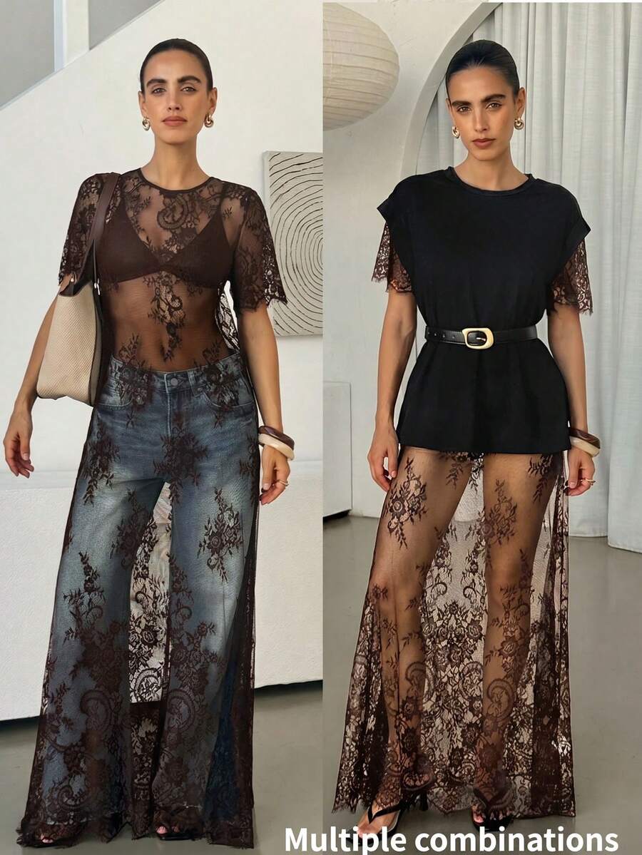 Lavishia Fashion Sexy Sheer Lace Dress - Brown - View 1