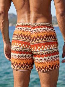 Manfinity Swimmode 男士抽繩腰撞色休閒度假沙灘短褲 - 棕色 - 查看 3