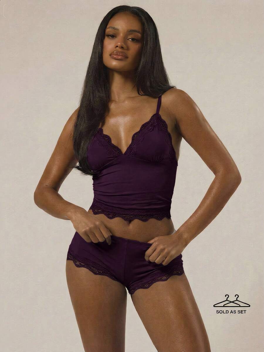 MUSERA Triangle Bust Lace Trim Adjustable Strap Cami Top And Fitted Boxer Boyshort Multipack Set Lingerie Nightwear Pajamas - Violet Purple - View 1