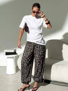 Lavishia Women's Spring/Summer Fashion Casual Balloon Pants Comfortable Versatile Coffee Color Long Pants,Leopard Print, Independence Day,Music Festival - Coffee Brown - View 7