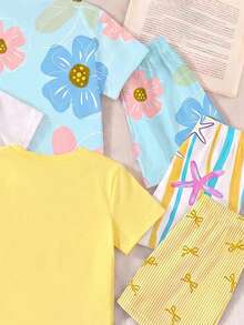 6 pièces Ensemble de tenues pour filles, 1 set avec un motif imprimé intéressant de nœud décoratif de citron minimaliste d'été frais, 1 set avec un motif floral minimaliste de dopamine, 1 set avec un t-shirt de style vacances pour filles avec un motif géométrique de coquillage d'arbre de cocotier ensoleillé frais et des shorts à vagues colorées d'étoile de mer, convient pour le port décontracté en extérieur et en vacances, printemps/été - Multicolore - Voir 3