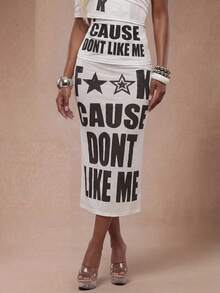 Modviera Women's Fashion Semi-Transparent Letter Print Black And White Skirt Night Summer 2000s - White - View 4