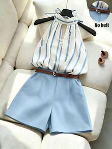 INAWLY Blue & White Vertical Striped Halter Neck Backless Tank Top + Navy Wide Leg Shorts 2 Pieces Commuter Set - Blue - View 4