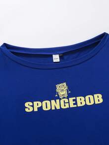 SpongeBob SquarePants | SHEIN Women's Summer Casual Letter And Cartoon Print Round Neck Short Sleeve T-Shirt - Blue - View 4