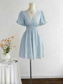 Modelyn Women's Elegant Striped Print Puff Sleeve Short Dress For Spring And Summer - Blue - View 5