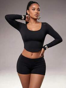 Radiana Mesh Patchwork Black Workout Women Tops T-Shirt  Solid Color Simple Long-Sleeve Casual Sports T-Shirt Slim Fit Basic Long-Sleeve T-Shirt, Suitable For Fitness, Yoga, Casual, Daily Wear, Tennis, Outdoor Activities, Running, And Vacations, Holiday, Suitable For All Seasons, Spring Summer Fall Winter - Black - View 8