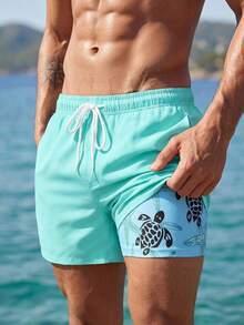 Manfinity Swimmode 男士2件組夏季海灘度假風抽繩腰海龜與海星印花二合一沙灘短褲 - 藍色 - 查看 6
