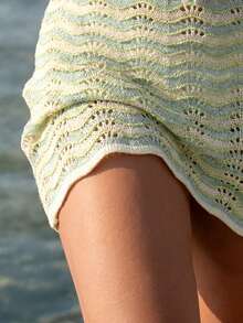 Swim Vcay Women's Fashion Versatile Vacation Tie-Up Sheer Sleeveless Cover-Up Dress Beach Vacation Green Striped Summer Tropical - Multicolor - View 5