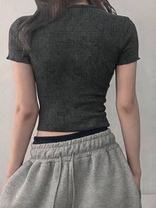 DAZY Women's Fitted Cropped Long Sleeve Ribbed T-Shirt - Grey - View 5