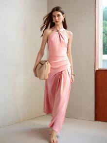 MOTF PREMIUM WOMEN'S HALTER NECK ASYMMETRIC HEM DRESS - Pink - View 5