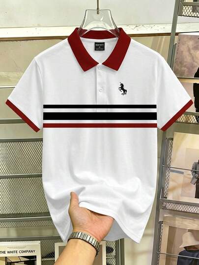 Manfinity Hypemode Camisa POLO casual de moda juvenil con rayas, patrón pequeño de unicornio y bloques de color