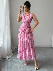 Elenzga Women's Casual Elegant Butterfly Print Chiffon Round Neck A-Line Elastic Waist Maxi Dress, Ruched Drawstring Waist Design, Lightweight Loose, Romantic Vintage Style, French Romantic Sicilian Elegant Dress, Suitable For Casual Office Vacation Afternoon Tea Party, Beach, Vacation, Office Commute And Other Summer Wear. - Pink - View 4