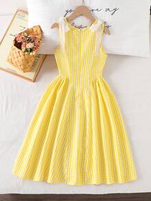 Vestido largo de princesa para niñas, estilo dulce y elegante, con lazo 3D, amarillo, suave y amigable con la piel, sin mangas, cuello cuadrado, cintura ceñida, para fiesta de cumpleaños, boda, temporada de actuaciones, ocasiones especiales y vacaciones, primavera-verano, nuevo - Amarillo - Ver 2