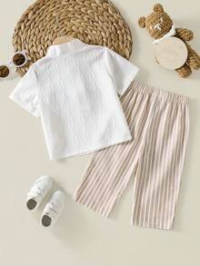SHEIN Playful Pals Baby Boy Summer Casual Solid Color Shirt And Striped Pants Set - White - View 2