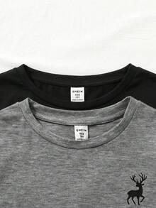SHEIN 青少年男孩極簡休閒純色圓領短袖T恤與格紋短褲寬鬆睡衣套裝 2件組 - 彩色 - 查看 4