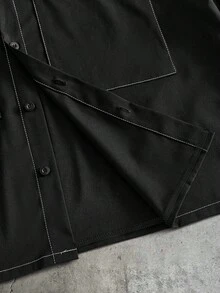 AXEPEAK 男士夏季大码休闲口袋前扣短袖衬衫短裤套装 - 黑色 - 查看 8