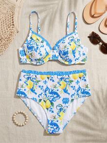 Swim Mod Conjunto de traje de baño con estampado de frutas, escote en V y tirantes finos para mujer talla grande, estilo dulce para vacaciones de primavera/verano en la playa - Multicolor - Ver 3