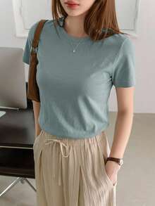 DAZY Women's Solid Color Round Neck Short Sleeve T-Shirt - Baby Blue - View 9